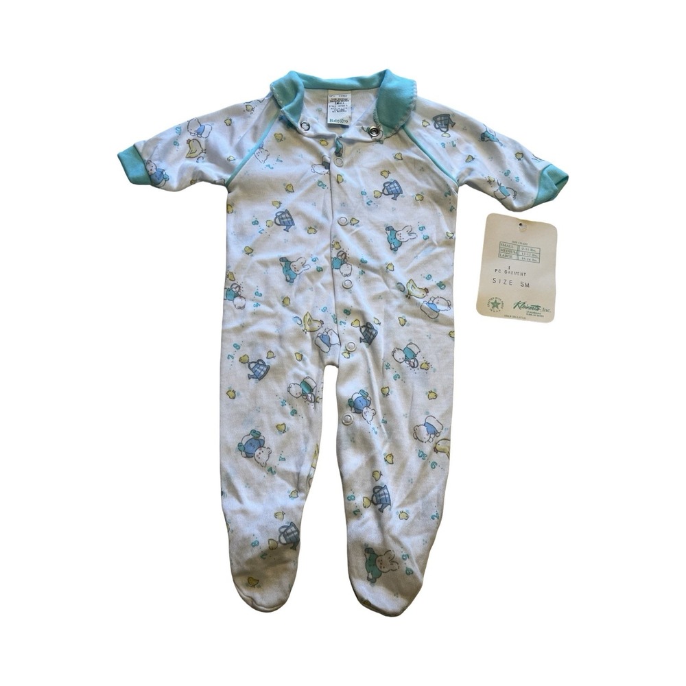 Vintage BabyGro Kleinert's Footed Sleeper Bear Duck Print White Teal Size Small